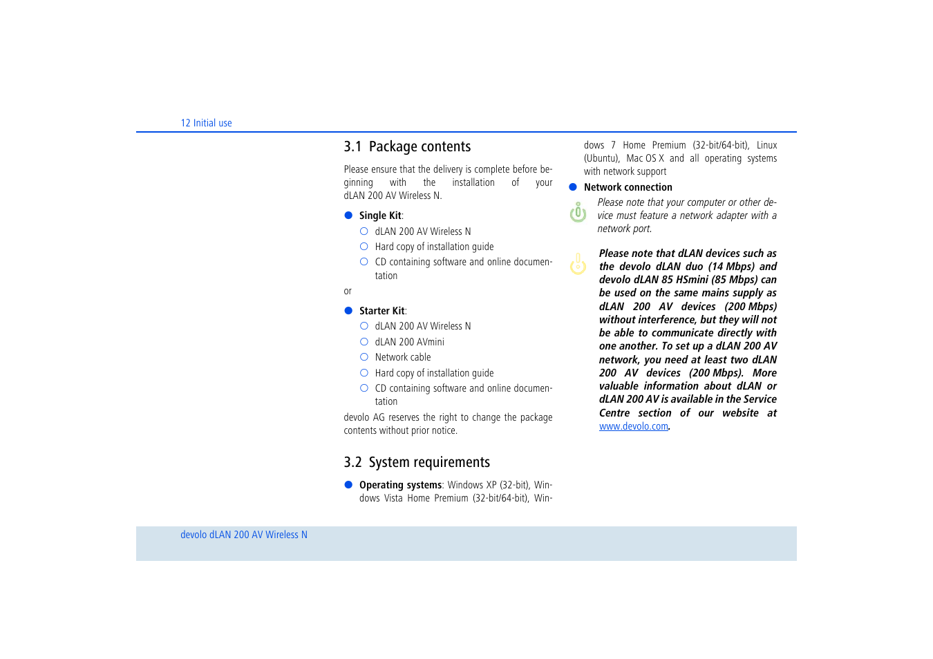 1 package contents, 2 system requirements, Package contents | System requirements | Devolo dLAN 200 AV Wireless N User Manual | Page 13 / 57