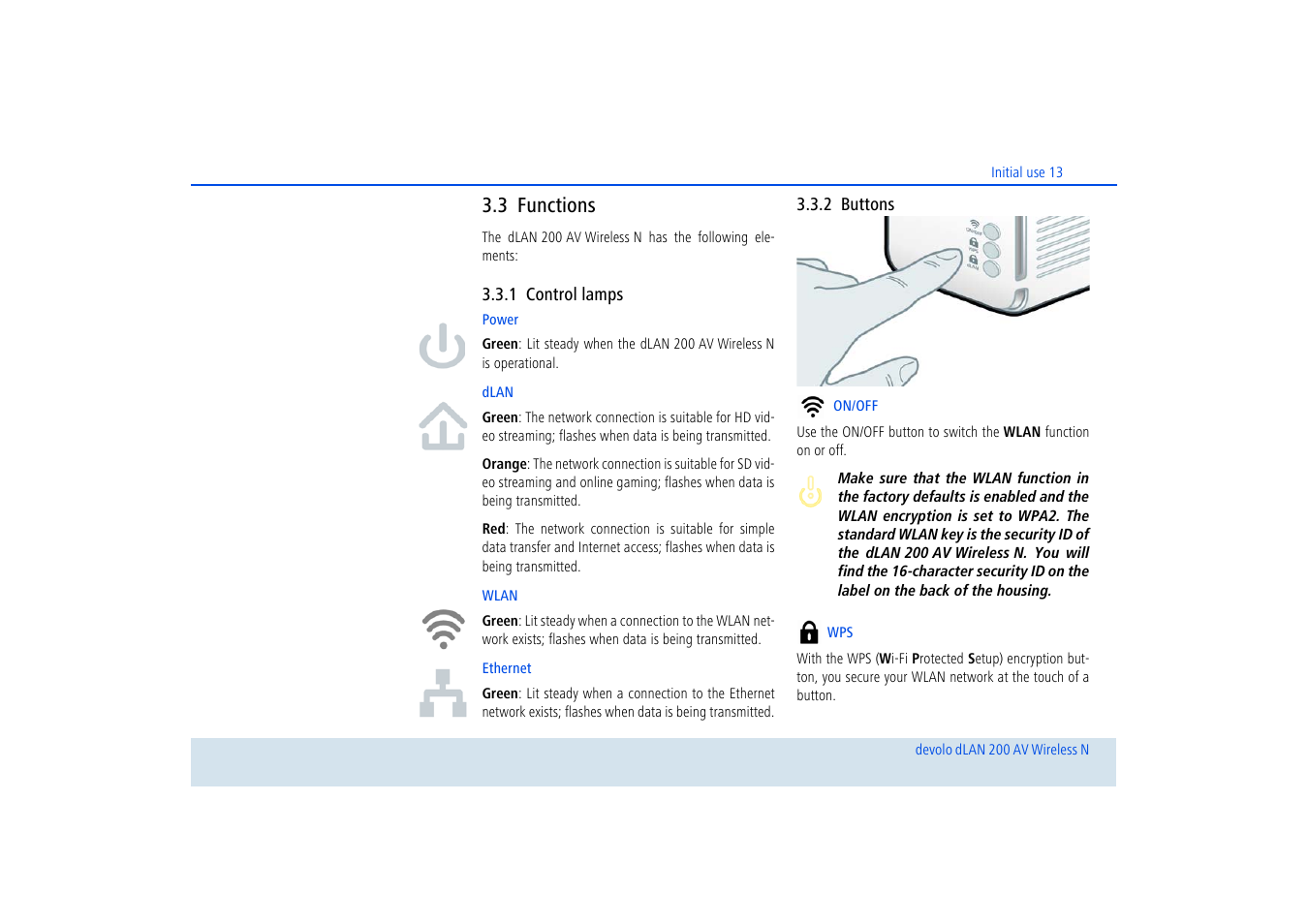 3 functions, 1 control lamps, 2 buttons | Functions, Control lamps, Buttons | Devolo dLAN 200 AV Wireless N User Manual | Page 14 / 57