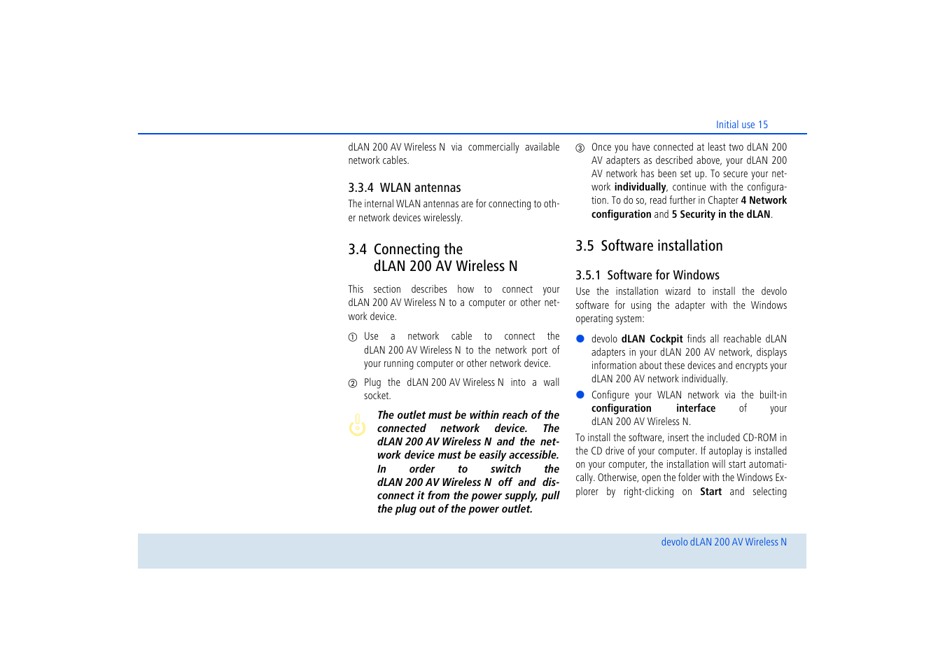 4 wlan antennas, 4 connecting the dlan 200 av wireless n, 5 software installation | 1 software for windows, Wlan antennas, Connecting the dlan 200 av wireless n, Software installation, Software for windows | Devolo dLAN 200 AV Wireless N User Manual | Page 16 / 57