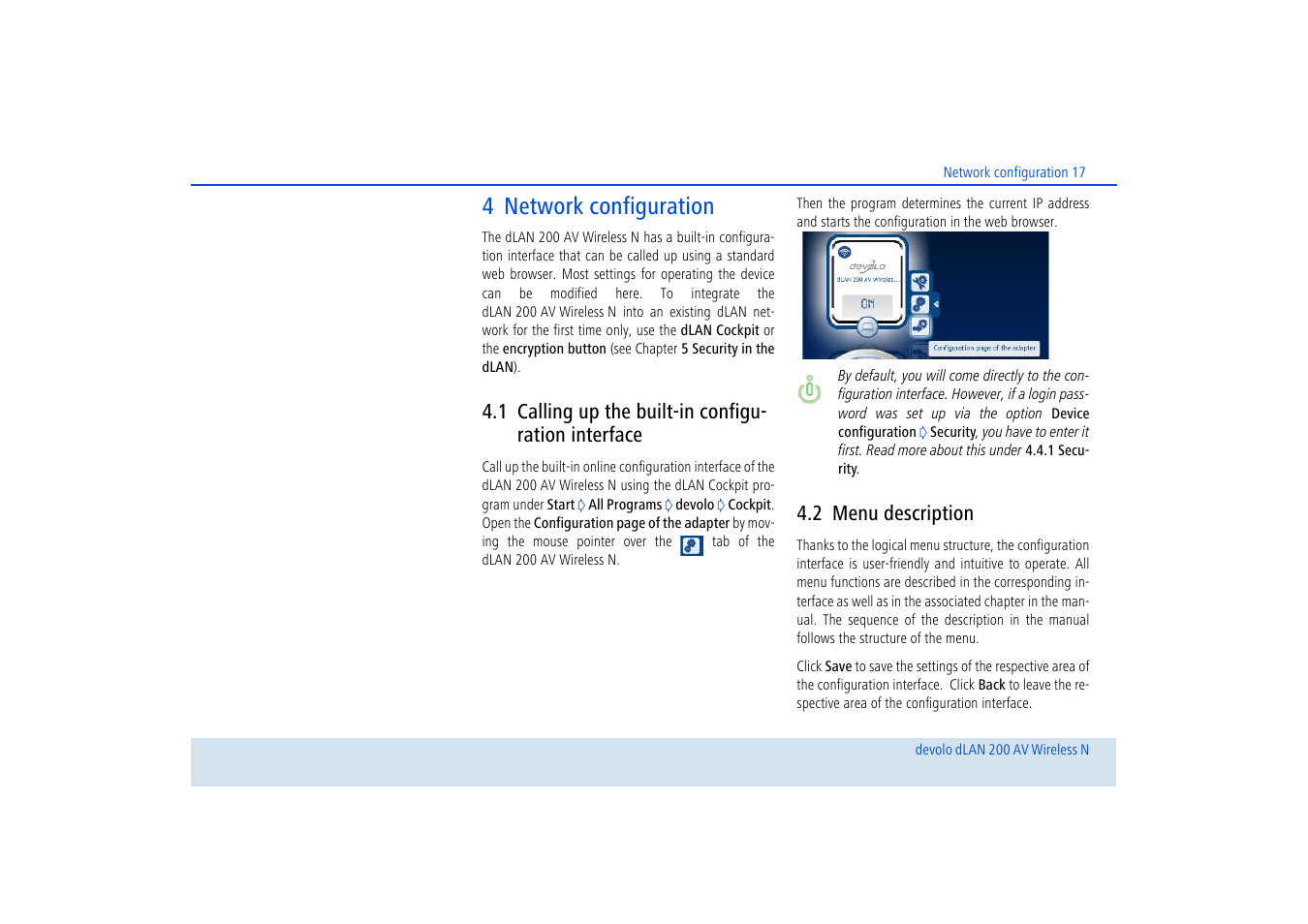 4 network configuration, 1 calling up the built-in configuration interface, 2 menu description | Calling up the built-in configuration interface, Menu description | Devolo dLAN 200 AV Wireless N User Manual | Page 18 / 57