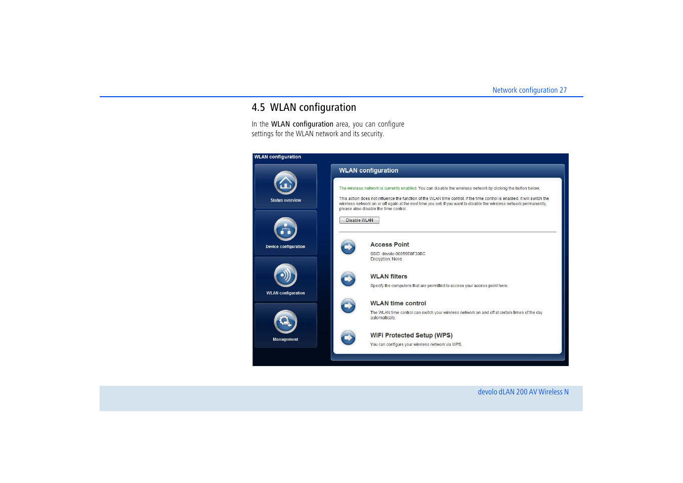 5 wlan configuration, Wlan configuration | Devolo dLAN 200 AV Wireless N User Manual | Page 28 / 57