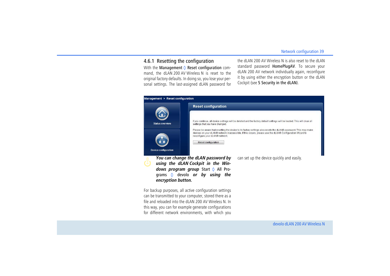 1 resetting the configuration, Resetting the configuration | Devolo dLAN 200 AV Wireless N User Manual | Page 40 / 57