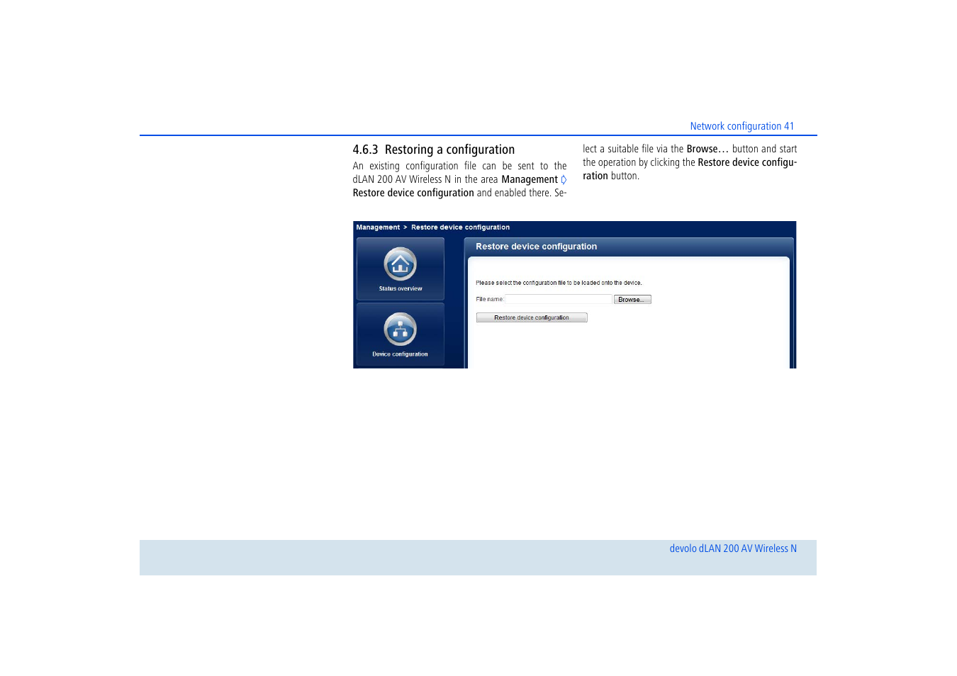 3 restoring a configuration, Restoring a configuration | Devolo dLAN 200 AV Wireless N User Manual | Page 42 / 57