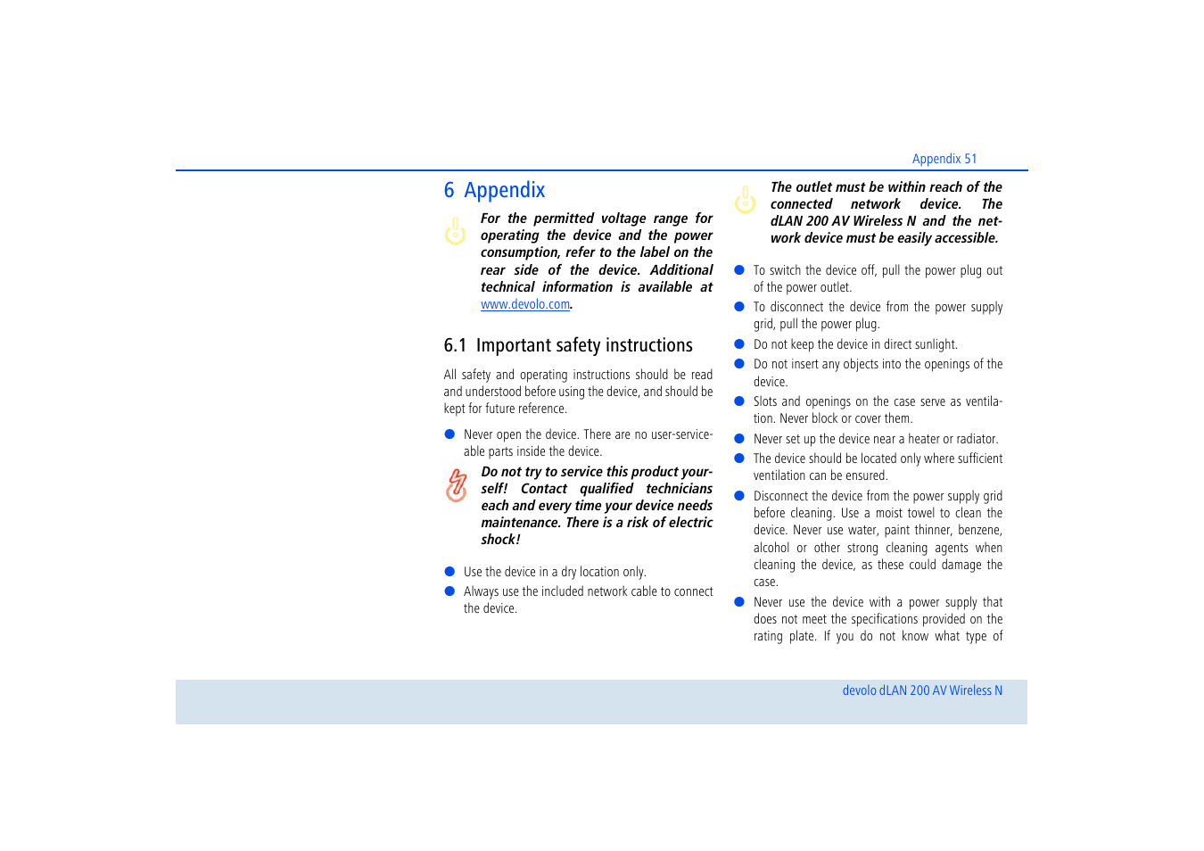 6 appendix, 1 important safety instructions, Important safety instructions | Devolo dLAN 200 AV Wireless N User Manual | Page 52 / 57