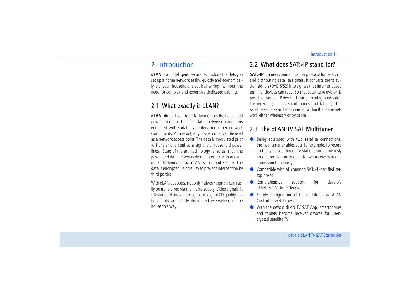 2 introduction, 1 what exactly is dlan, 2 what does sat>ip stand for | 3 the dlan tv sat multituner, What exactly is dlan, What does sat>ip stand for, The dlan tv sat multituner | Devolo dLAN TV SAT Starter Set User Manual | Page 12 / 85