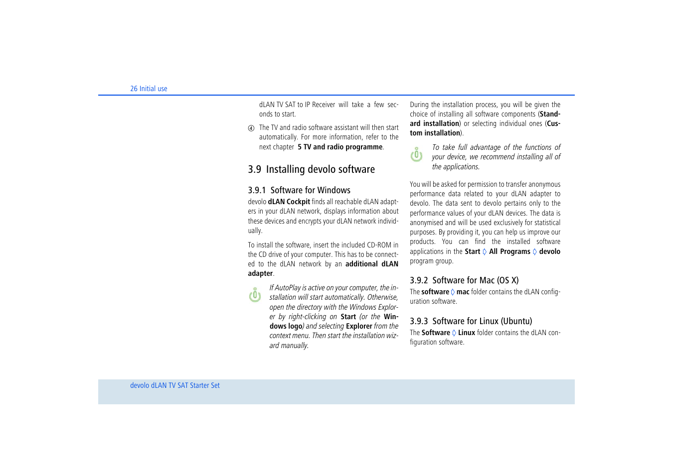 9 installing devolo software, 1 software for windows, 2 software for mac (os x) | 3 software for linux (ubuntu), Installing devolo software, Software for windows, Software for mac (os x), Software for linux (ubuntu) | Devolo dLAN TV SAT Starter Set User Manual | Page 27 / 85