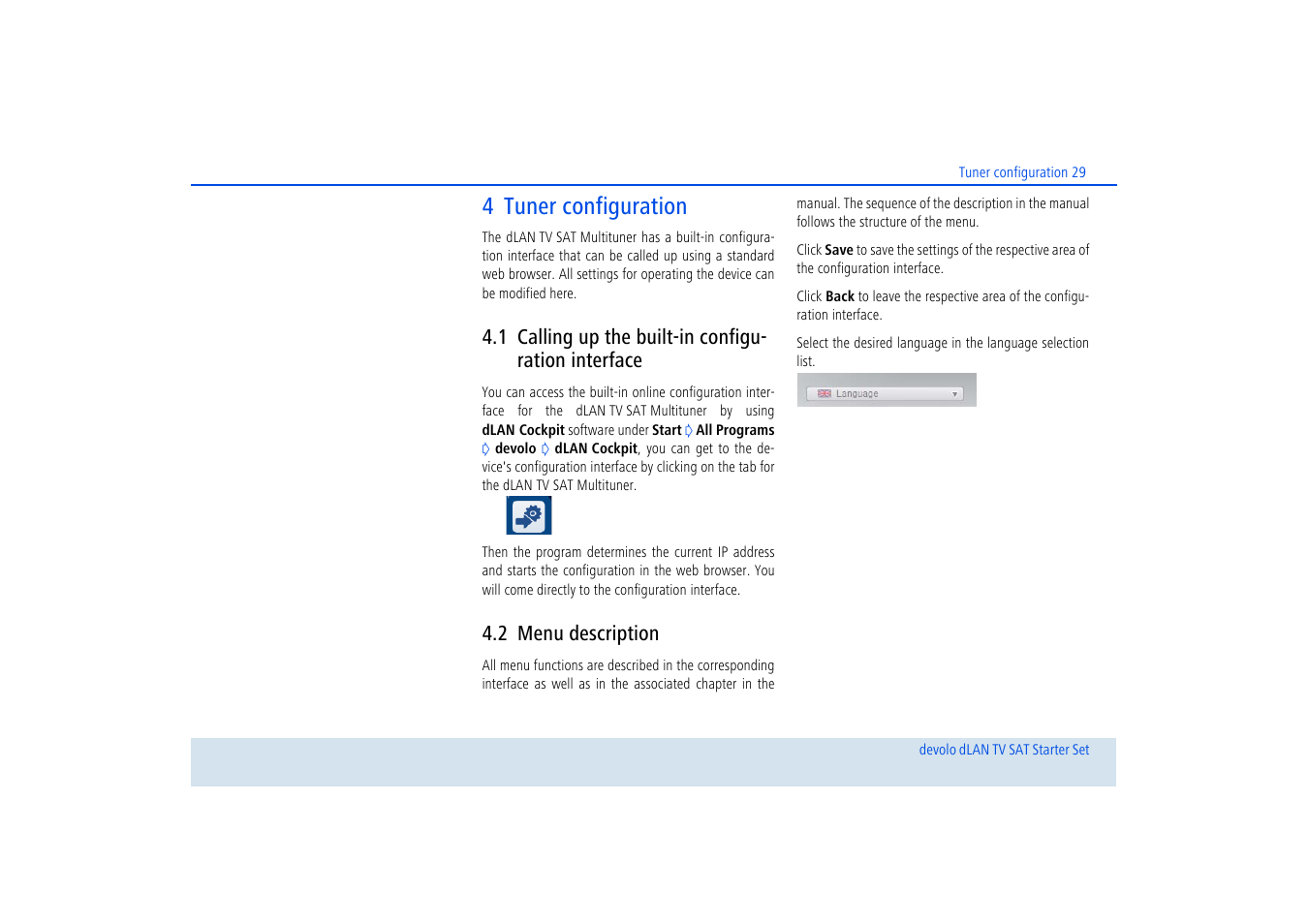 4 tuner configuration, 1 calling up the built-in configuration interface, 2 menu description | Calling up the built-in configuration interface, Menu description | Devolo dLAN TV SAT Starter Set User Manual | Page 30 / 85