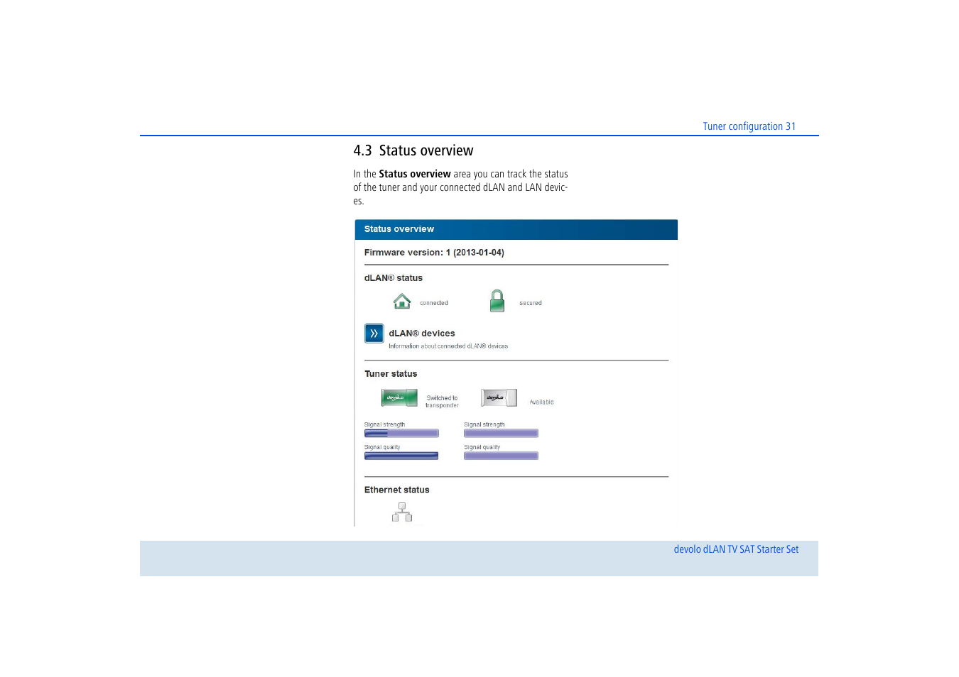 3 status overview, Status overview | Devolo dLAN TV SAT Starter Set User Manual | Page 32 / 85