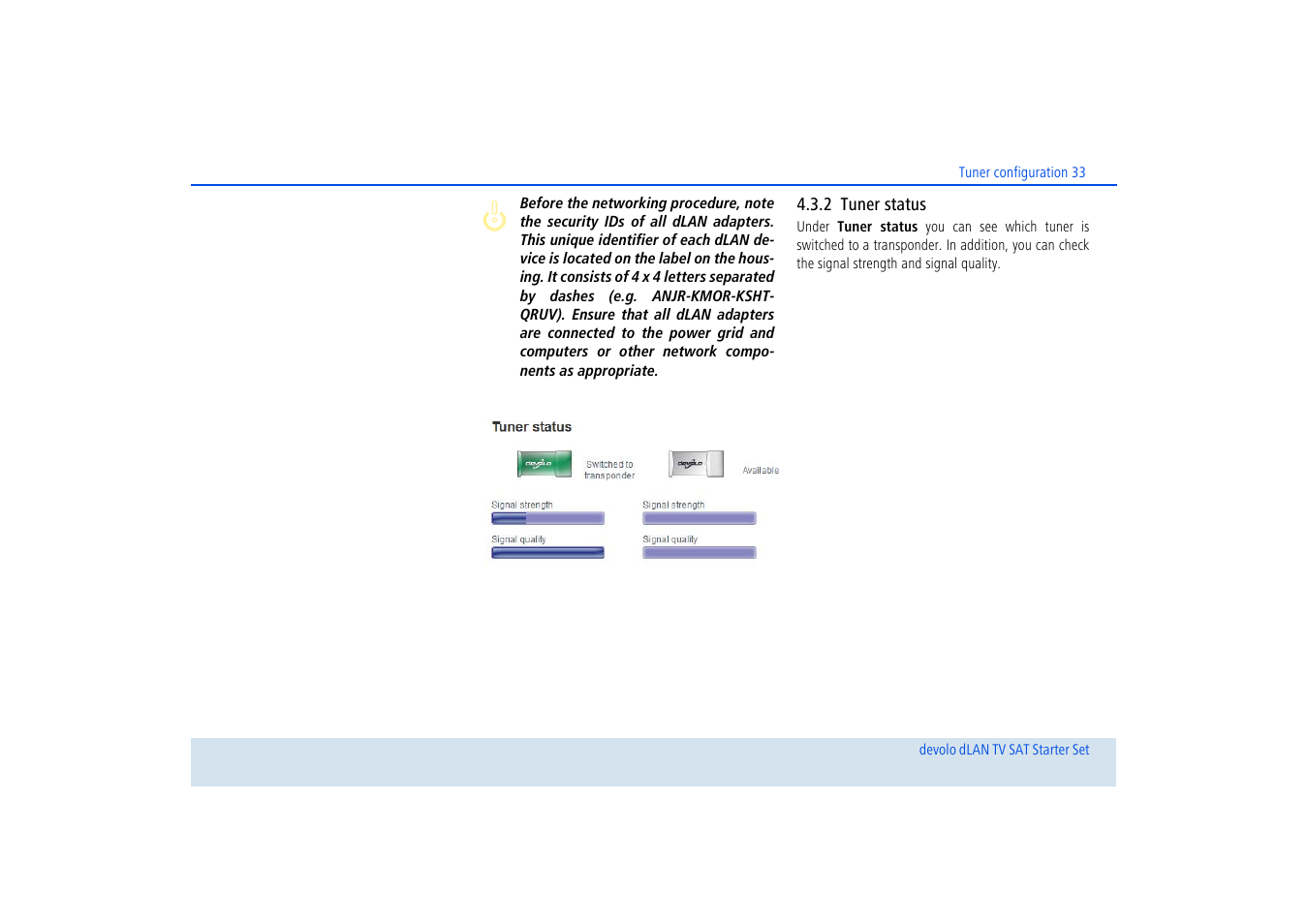 2 tuner status, Tuner status | Devolo dLAN TV SAT Starter Set User Manual | Page 34 / 85