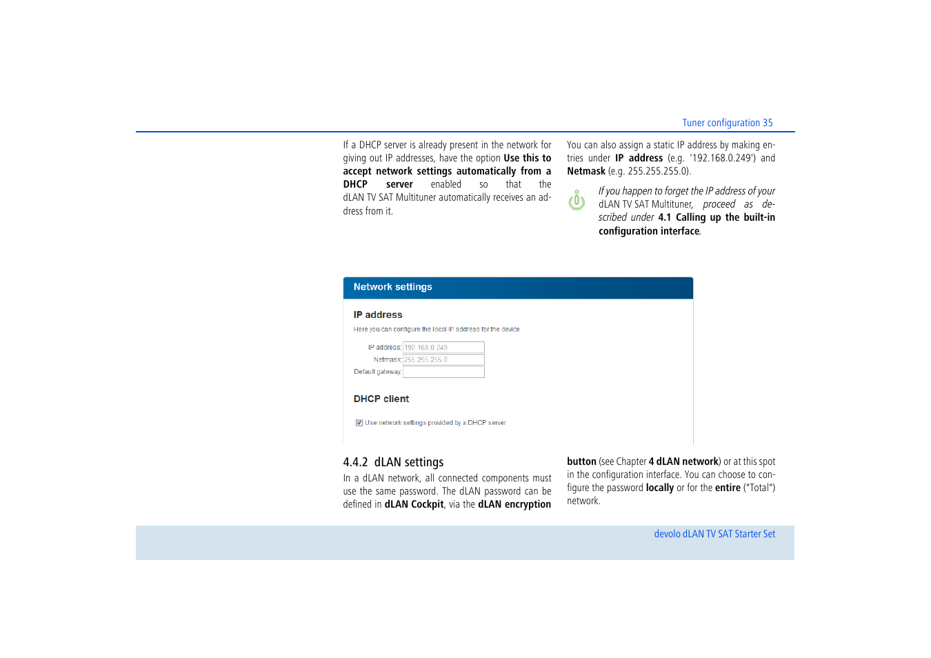 2 dlan settings, Dlan settings | Devolo dLAN TV SAT Starter Set User Manual | Page 36 / 85