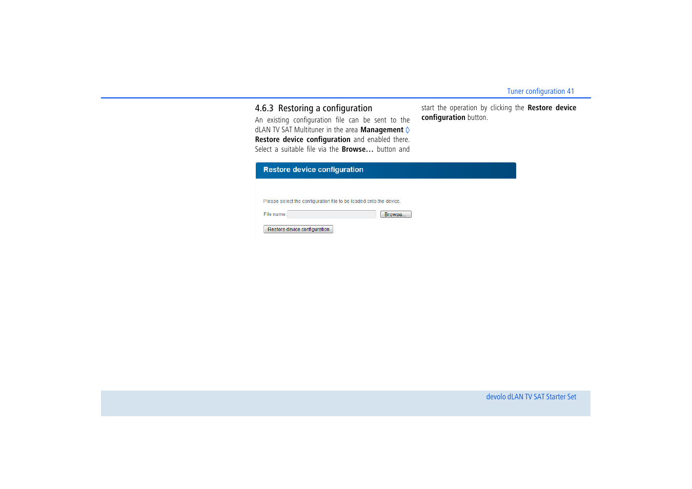 3 restoring a configuration, Restoring a configuration | Devolo dLAN TV SAT Starter Set User Manual | Page 42 / 85