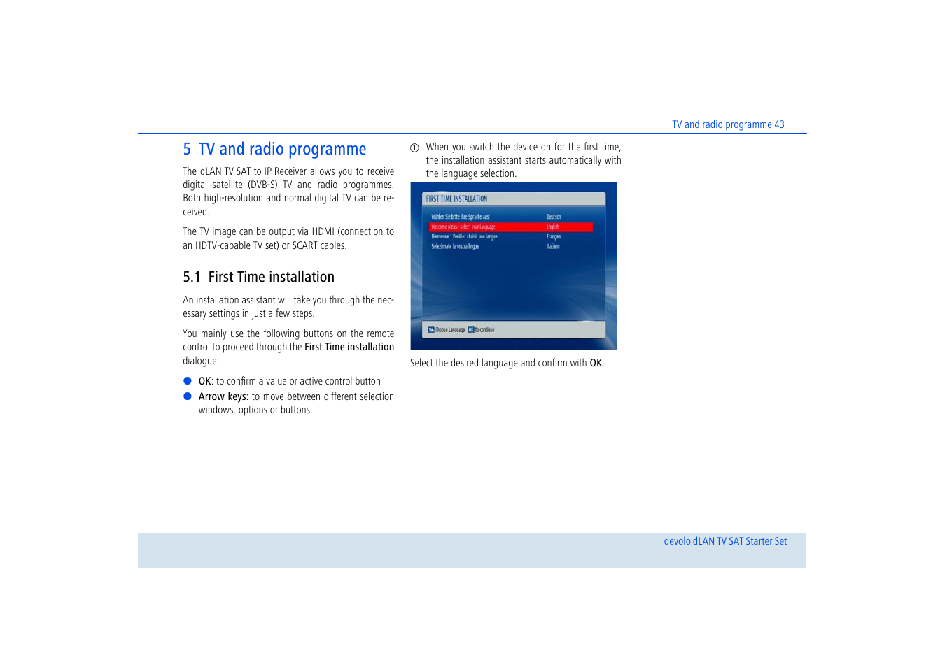 5 tv and radio programme, 1 first time installation, First time installation | Devolo dLAN TV SAT Starter Set User Manual | Page 44 / 85