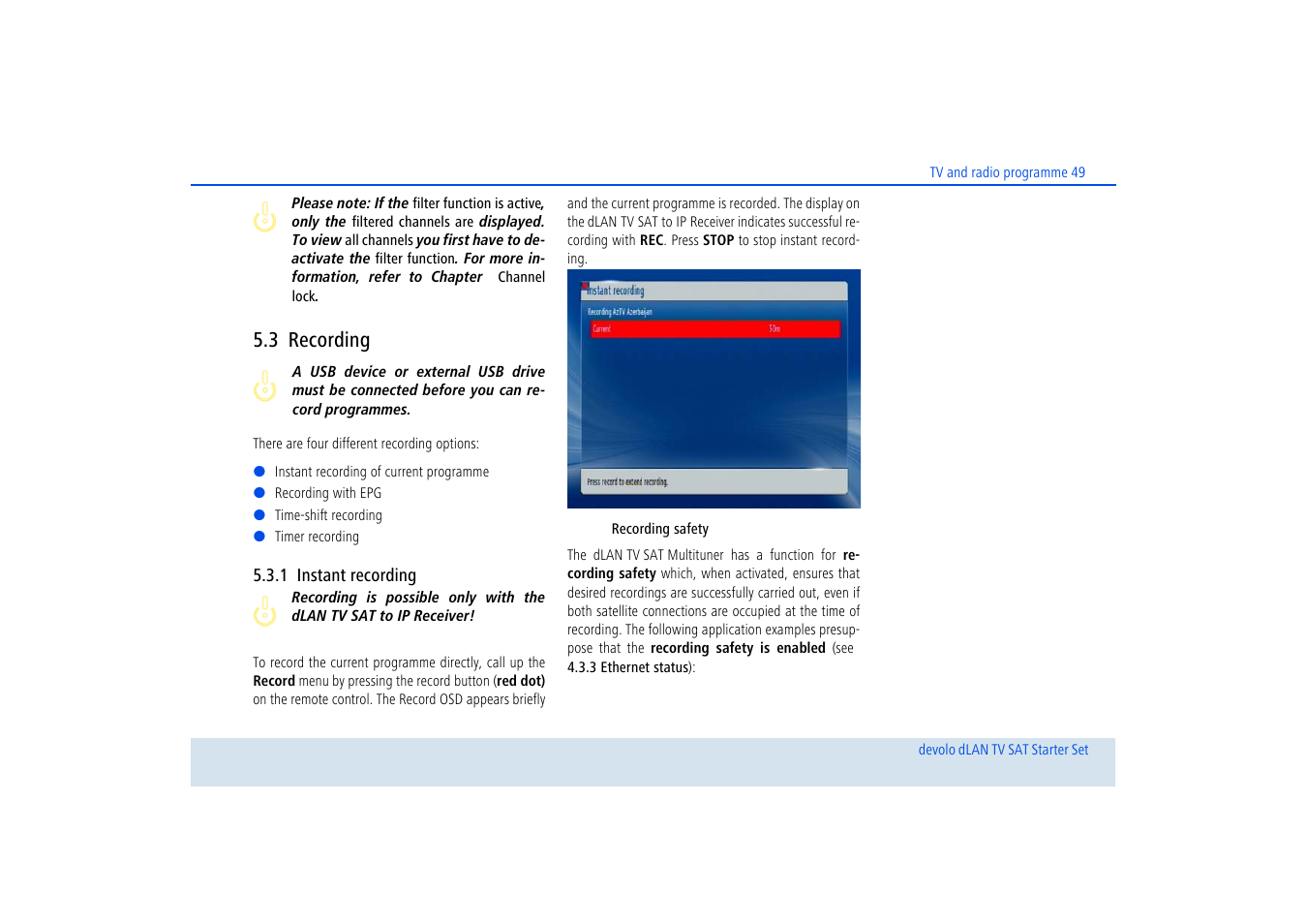 3 recording, 1 instant recording, Recording | Instant recording | Devolo dLAN TV SAT Starter Set User Manual | Page 50 / 85