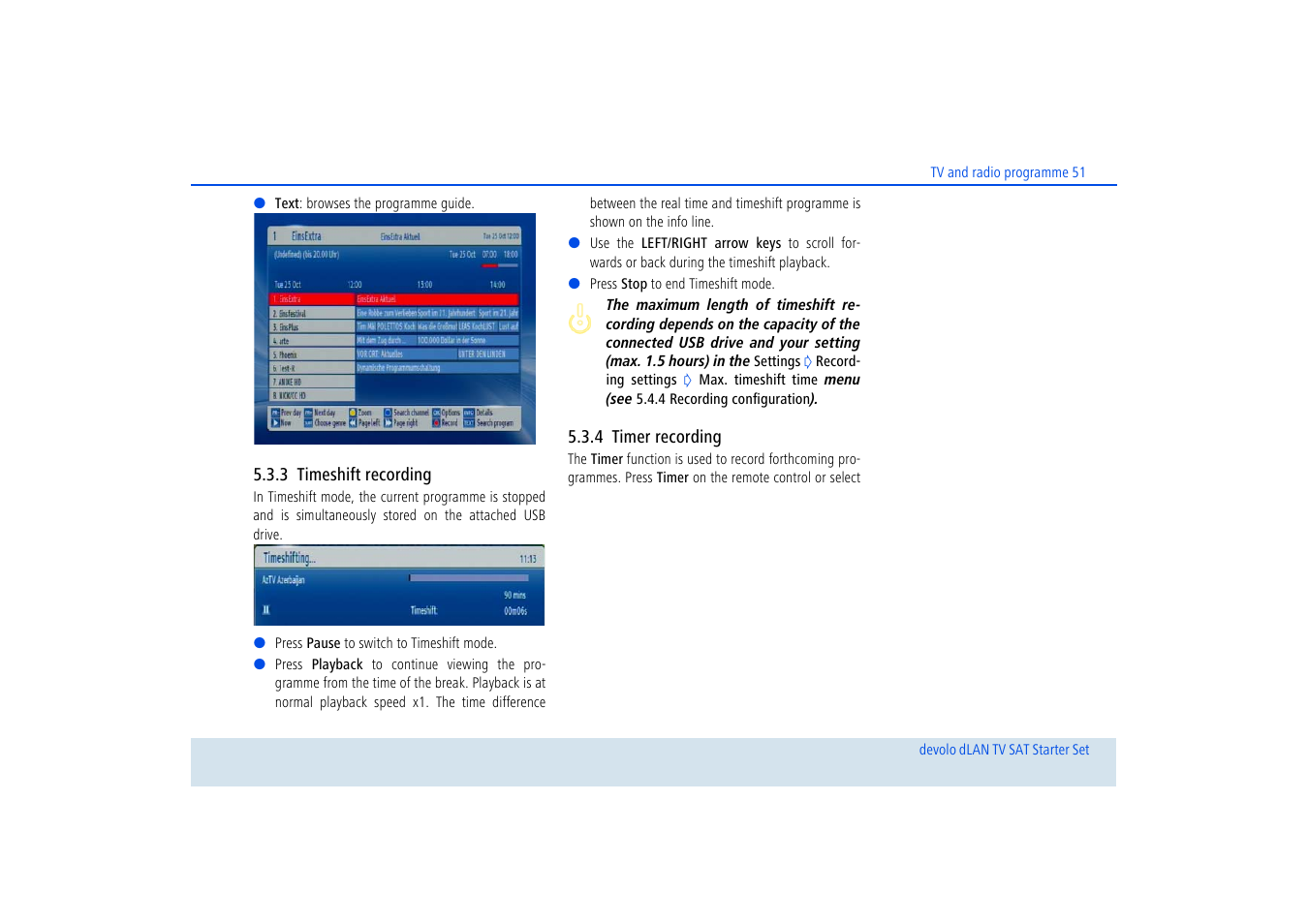 3 timeshift recording, 4 timer recording, Timeshift recording | Timer recording | Devolo dLAN TV SAT Starter Set User Manual | Page 52 / 85