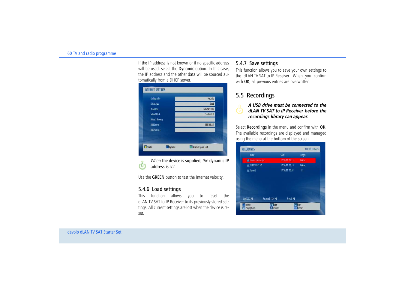 6 load settings, 7 save settings, 5 recordings | Load settings, Save settings, Recordings | Devolo dLAN TV SAT Starter Set User Manual | Page 61 / 85
