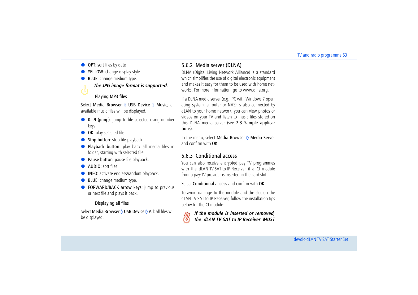 2 media server (dlna), 3 conditional access, Media server (dlna) | Conditional access | Devolo dLAN TV SAT Starter Set User Manual | Page 64 / 85