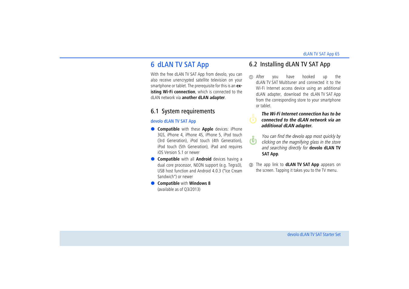 6 dlan tv sat app, 1 system requirements, 2 installing dlan tv sat app | System requirements, Installing dlan tv sat app | Devolo dLAN TV SAT Starter Set User Manual | Page 66 / 85