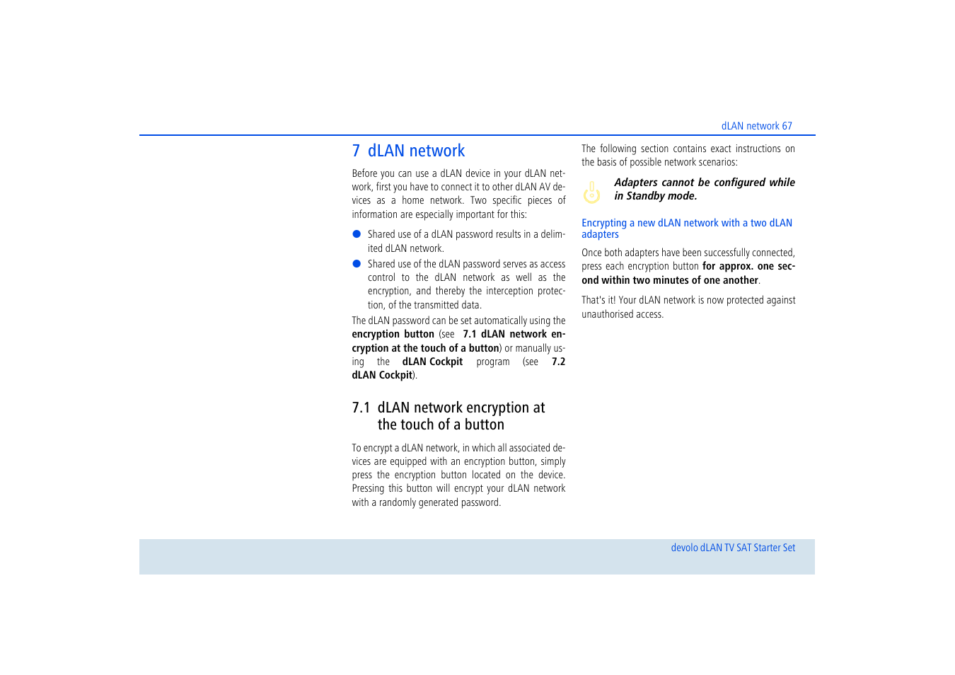 7 dlan network, 1 dlan network encryption at the touch of a button, Dlan network encryption at the touch of a button | Devolo dLAN TV SAT Starter Set User Manual | Page 68 / 85