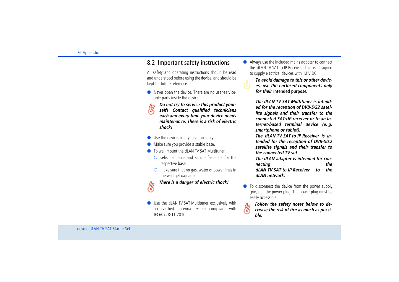 2 important safety instructions, Important safety instructions | Devolo dLAN TV SAT Starter Set User Manual | Page 77 / 85