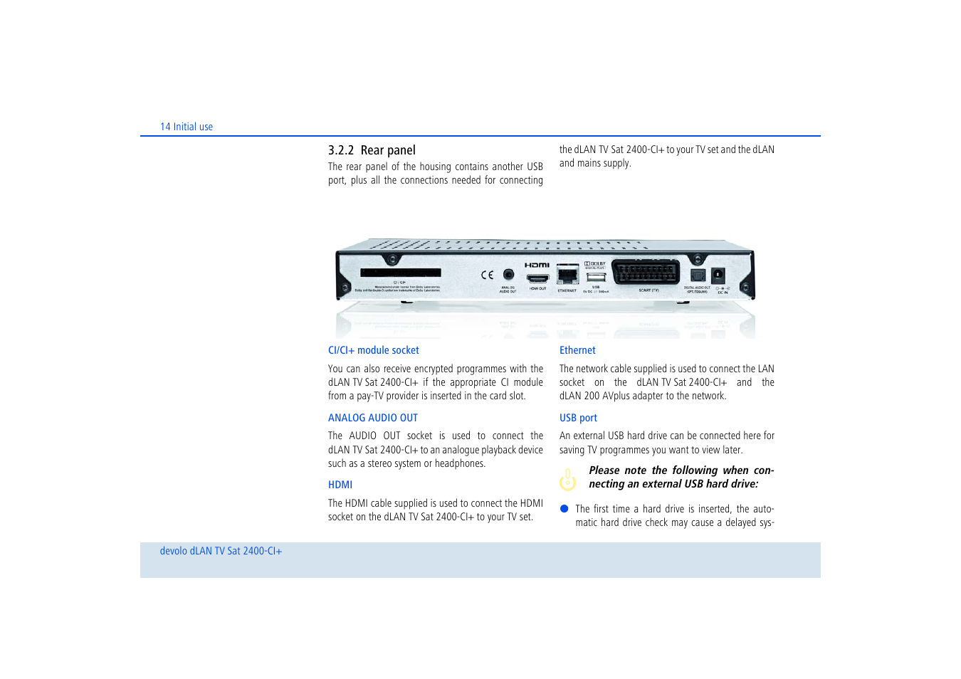 2 rear panel, Rear panel | Devolo dLAN TV Sat 2400-CI+ User Manual | Page 15 / 53