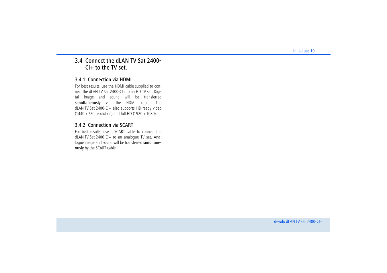 4 connect the dlan tv sat 2400- ci+ to the tv set, 1 connection via hdmi, 2 connection via scart | Connect the dlan tv sat 2400-ci+ to the tv set, Connection via hdmi, Connection via scart | Devolo dLAN TV Sat 2400-CI+ User Manual | Page 20 / 53