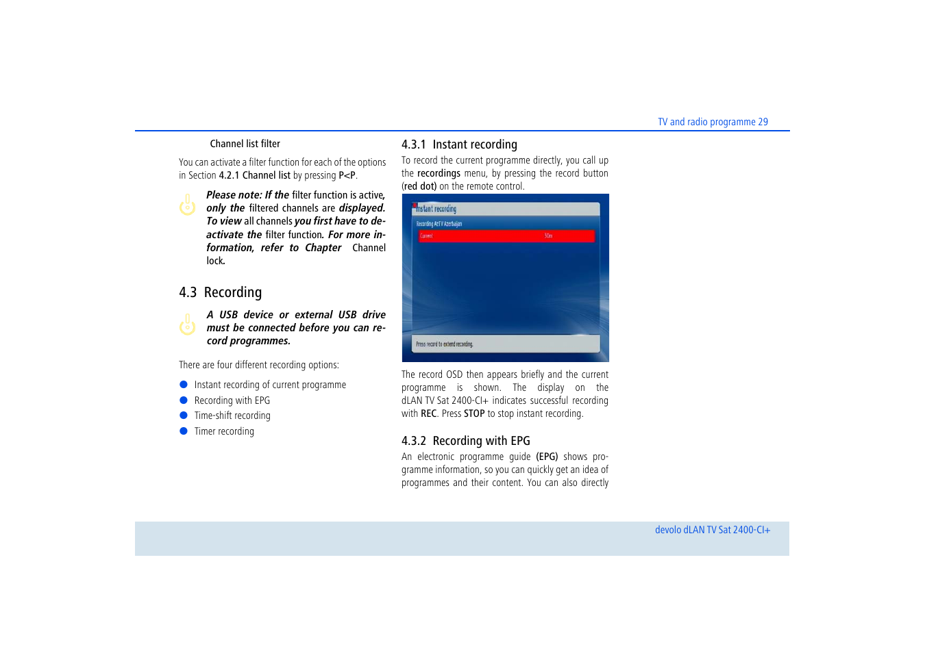 3 recording, 1 instant recording, 2 recording with epg | Recording, Instant recording, Recording with epg | Devolo dLAN TV Sat 2400-CI+ User Manual | Page 30 / 53