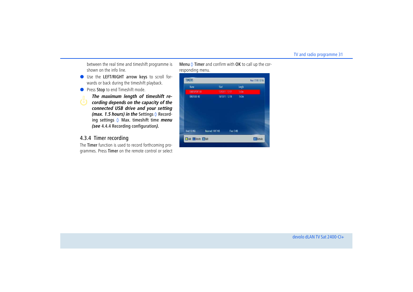 4 timer recording, Timer recording | Devolo dLAN TV Sat 2400-CI+ User Manual | Page 32 / 53
