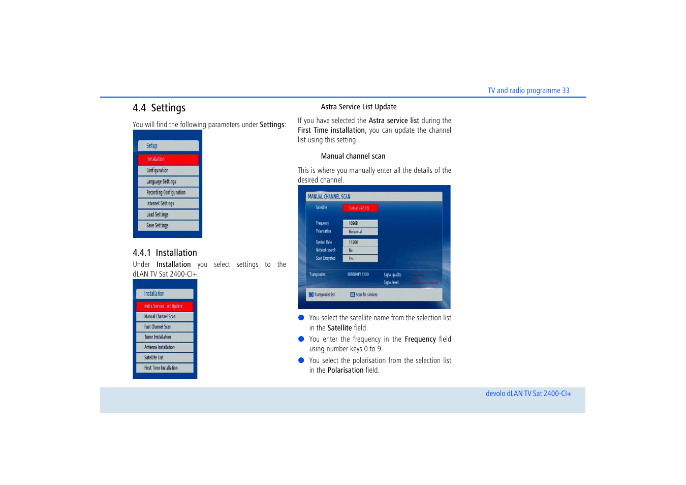 4 settings, 1 installation, Settings | Installation | Devolo dLAN TV Sat 2400-CI+ User Manual | Page 34 / 53