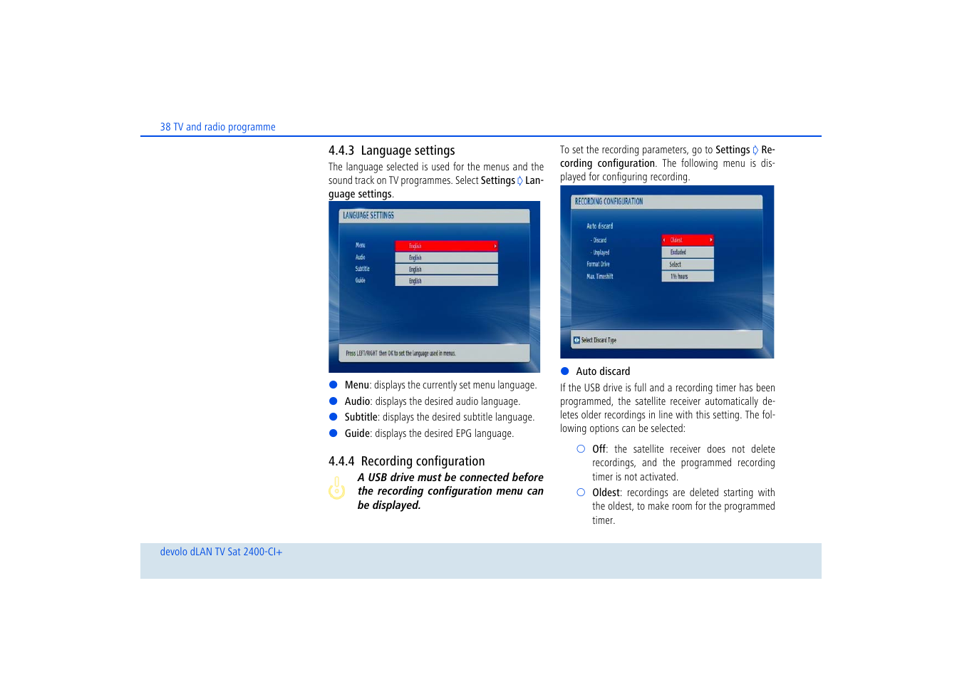 3 language settings, 4 recording configuration, Language settings | Recording configuration | Devolo dLAN TV Sat 2400-CI+ User Manual | Page 39 / 53
