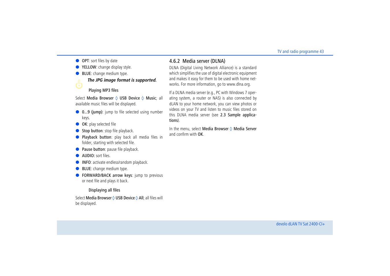 2 media server (dlna), Media server (dlna) | Devolo dLAN TV Sat 2400-CI+ User Manual | Page 44 / 53