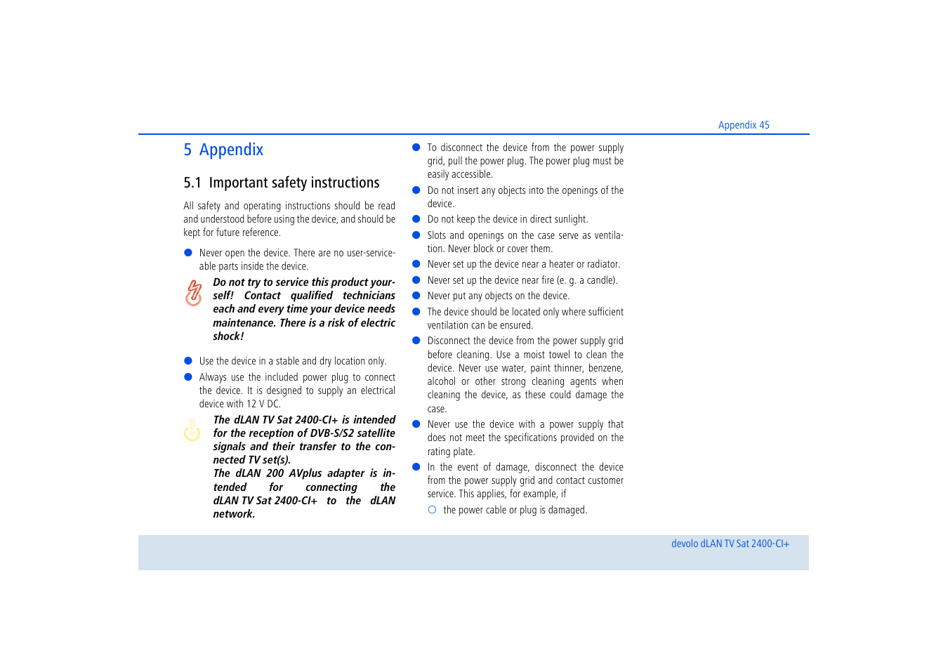 5 appendix, 1 important safety instructions, Important safety instructions | Devolo dLAN TV Sat 2400-CI+ User Manual | Page 46 / 53