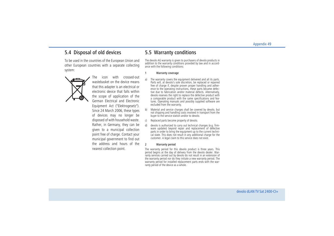 4 disposal of old devices, 5 warranty conditions, Disposal of old devices | Warranty conditions | Devolo dLAN TV Sat 2400-CI+ User Manual | Page 50 / 53