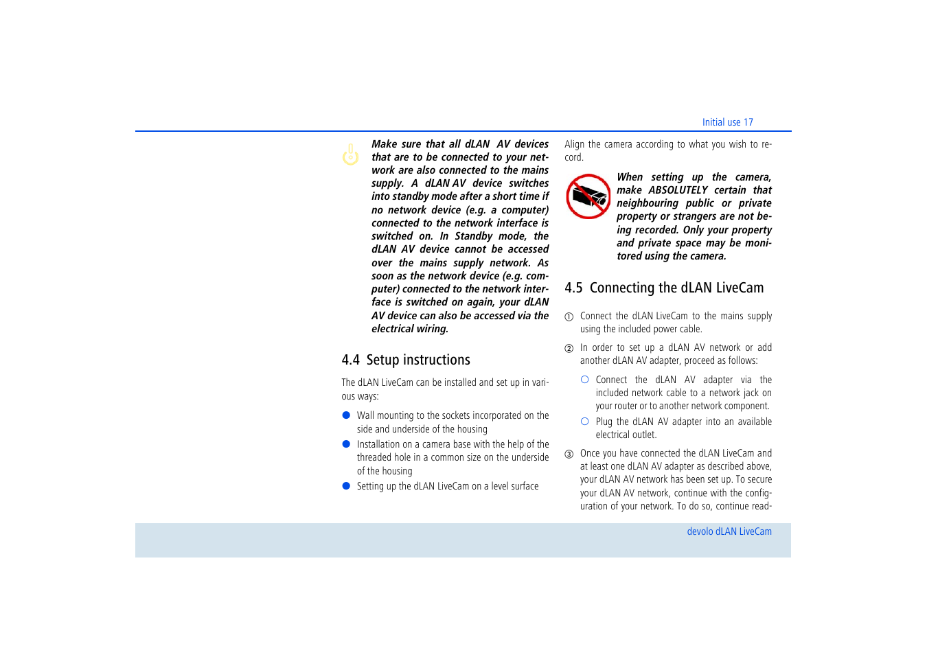 4 setup instructions, 5 connecting the dlan livecam, Setup instructions | Connecting the dlan livecam | Devolo dLAN LiveCam User Manual | Page 18 / 37
