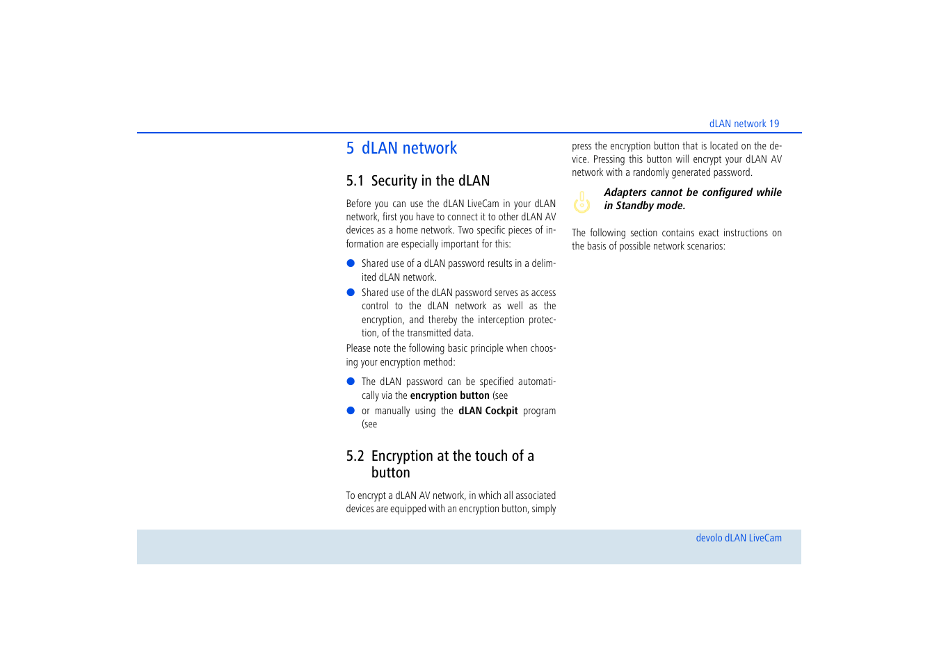 5 dlan network, 1 security in the dlan, 2 encryption at the touch of a button | Security in the dlan, Encryption at the touch of a button | Devolo dLAN LiveCam User Manual | Page 20 / 37