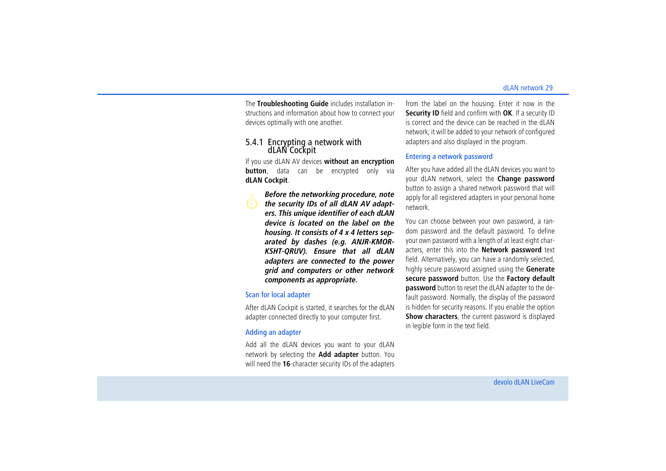 1 encrypting a network with dlan cockpit, Encrypting a network with dlan cockpit | Devolo dLAN LiveCam User Manual | Page 30 / 37