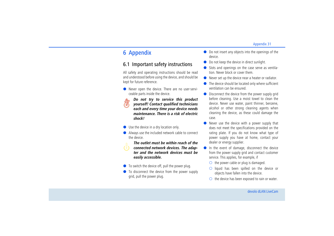 6 appendix, 1 important safety instructions, Important safety instructions | Devolo dLAN LiveCam User Manual | Page 32 / 37