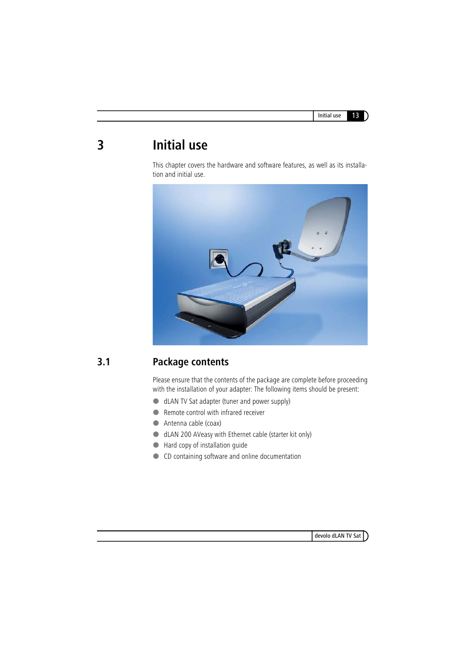 3 initial use, 1 package contents, Package contents | 3initial use | Devolo dLAN TV Sat User Manual | Page 13 / 72