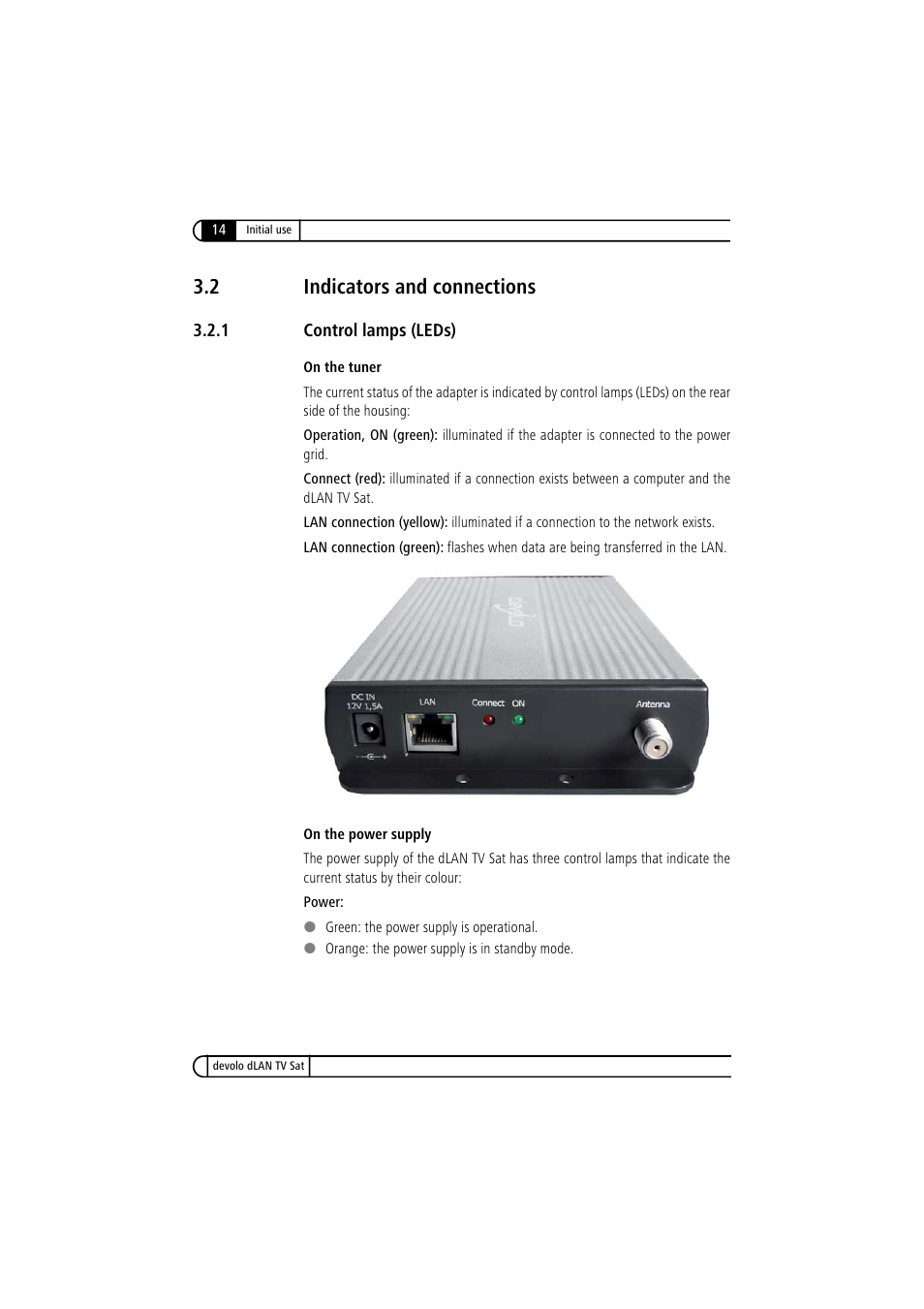 2 indicators and connections, 1 control lamps (leds), Indicators and connections 3.2.1 | Control lamps (leds) | Devolo dLAN TV Sat User Manual | Page 14 / 72