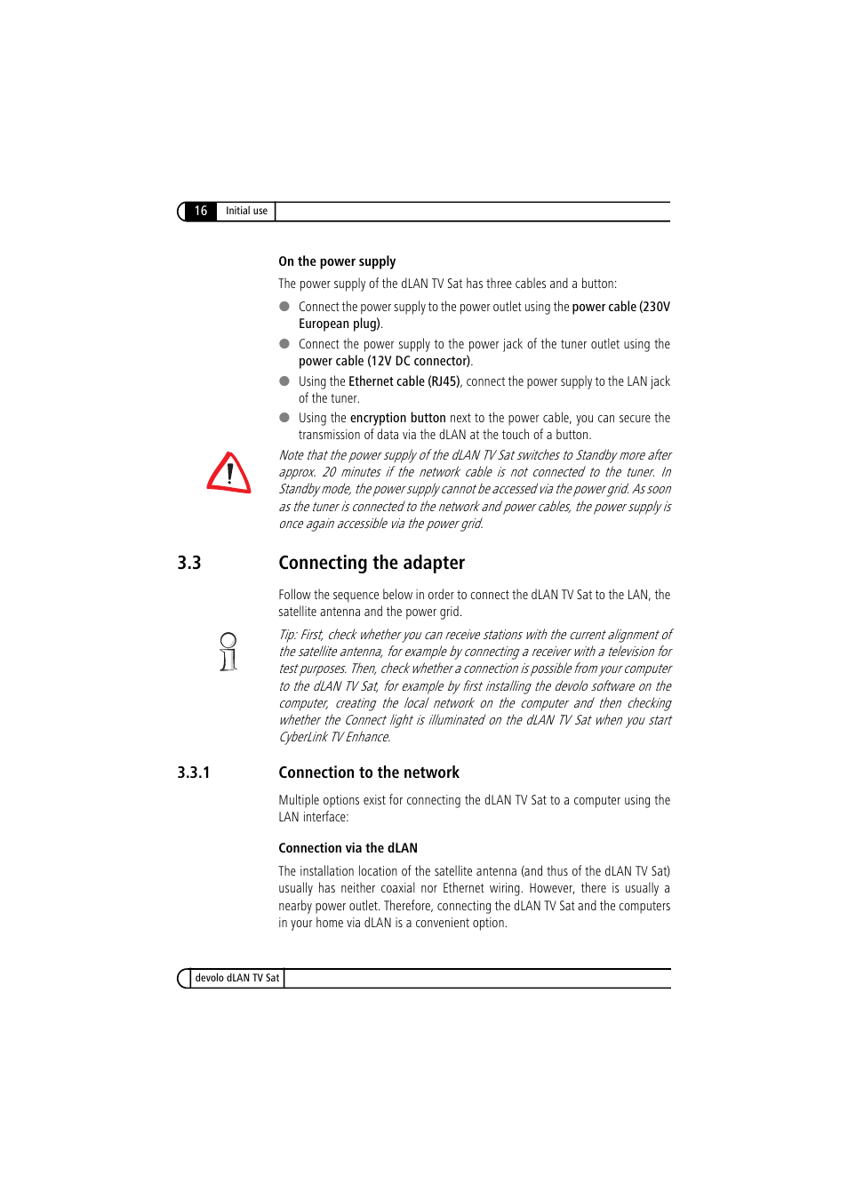 3 connecting the adapter, 1 connection to the network, Connecting the adapter 3.3.1 | Connection to the network | Devolo dLAN TV Sat User Manual | Page 16 / 72