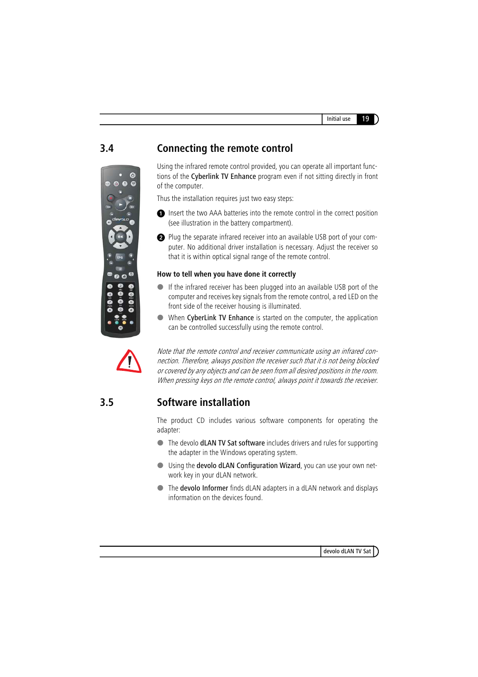 4 connecting the remote control, 5 software installation, Connecting the remote control | Software installation | Devolo dLAN TV Sat User Manual | Page 19 / 72
