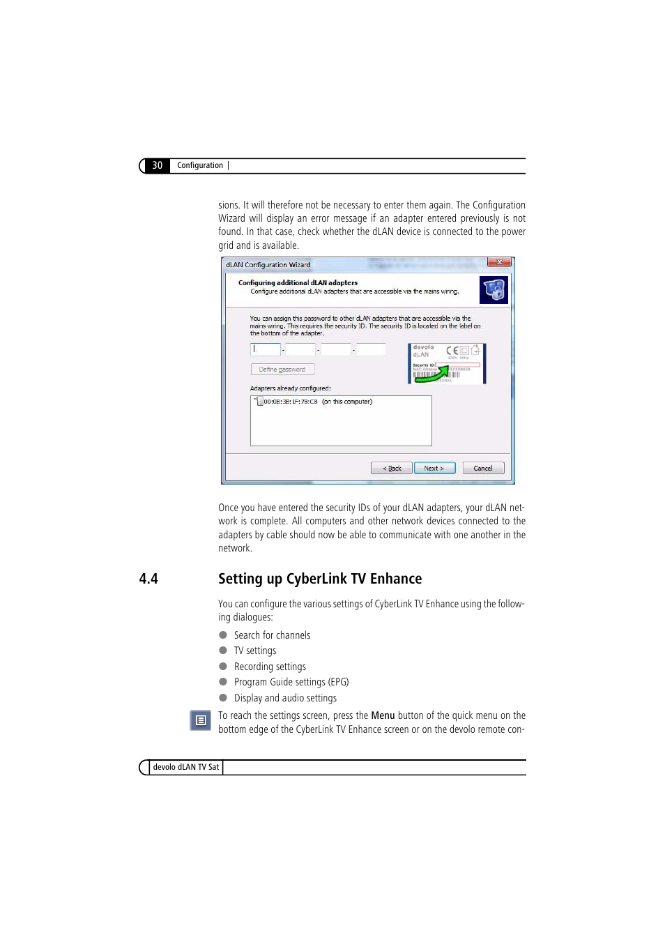 4 setting up cyberlink tv enhance, Setting up cyberlink tv enhance | Devolo dLAN TV Sat User Manual | Page 30 / 72