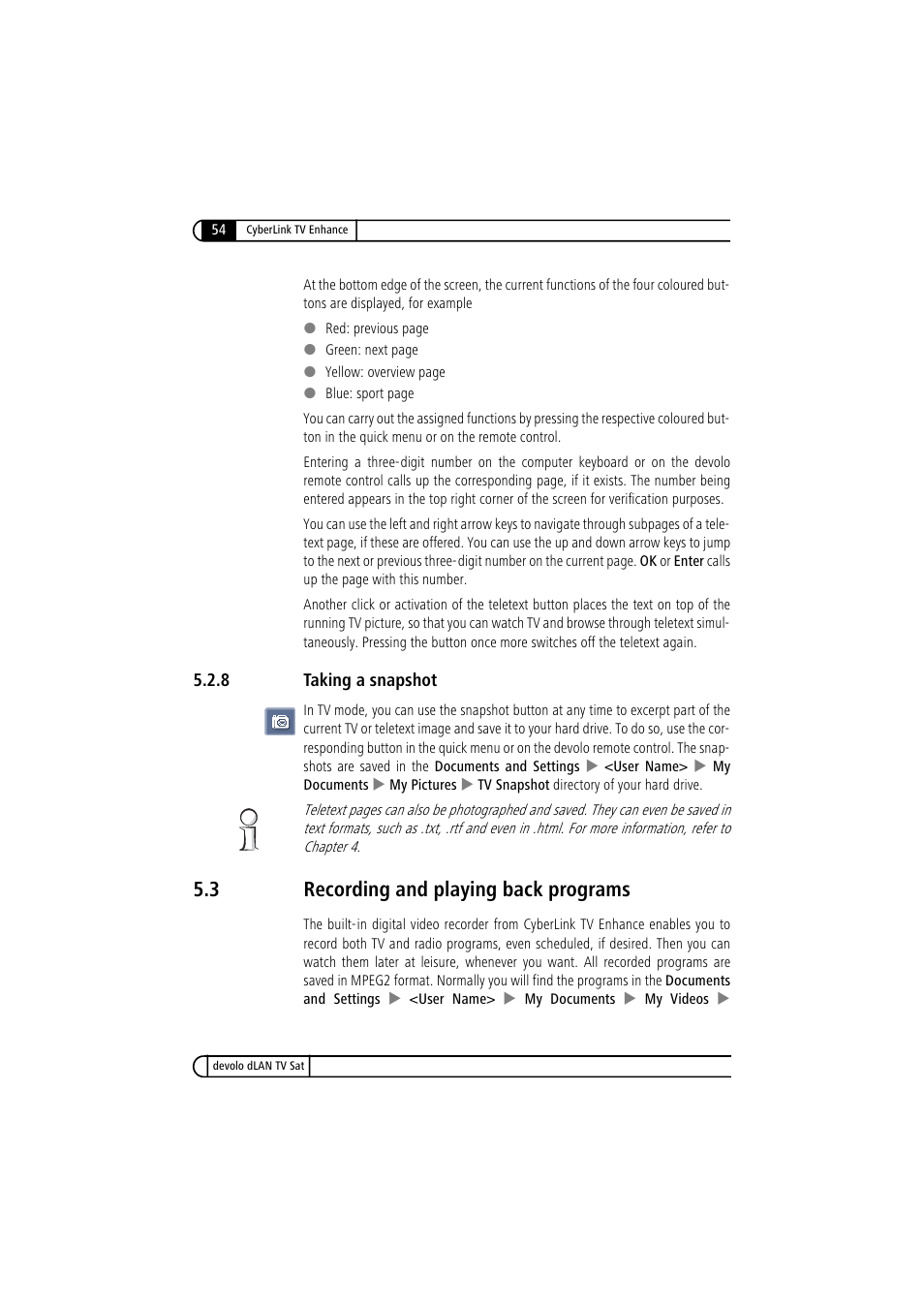 8 taking a snapshot, 3 recording and playing back programs, Taking a snapshot | Recording and playing back programs | Devolo dLAN TV Sat User Manual | Page 54 / 72