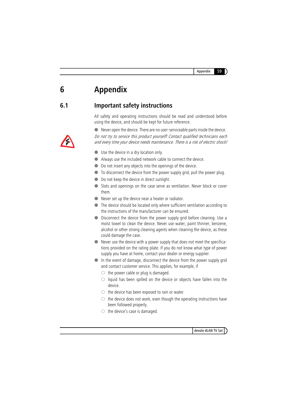 6 appendix, 1 important safety instructions, Important safety instructions | 6appendix | Devolo dLAN TV Sat User Manual | Page 59 / 72