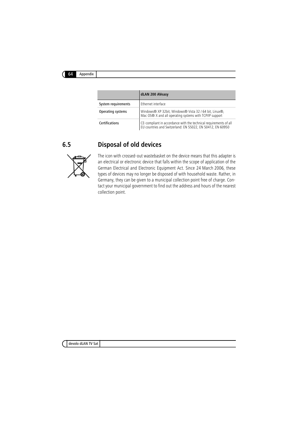 5 disposal of old devices, Disposal of old devices | Devolo dLAN TV Sat User Manual | Page 64 / 72
