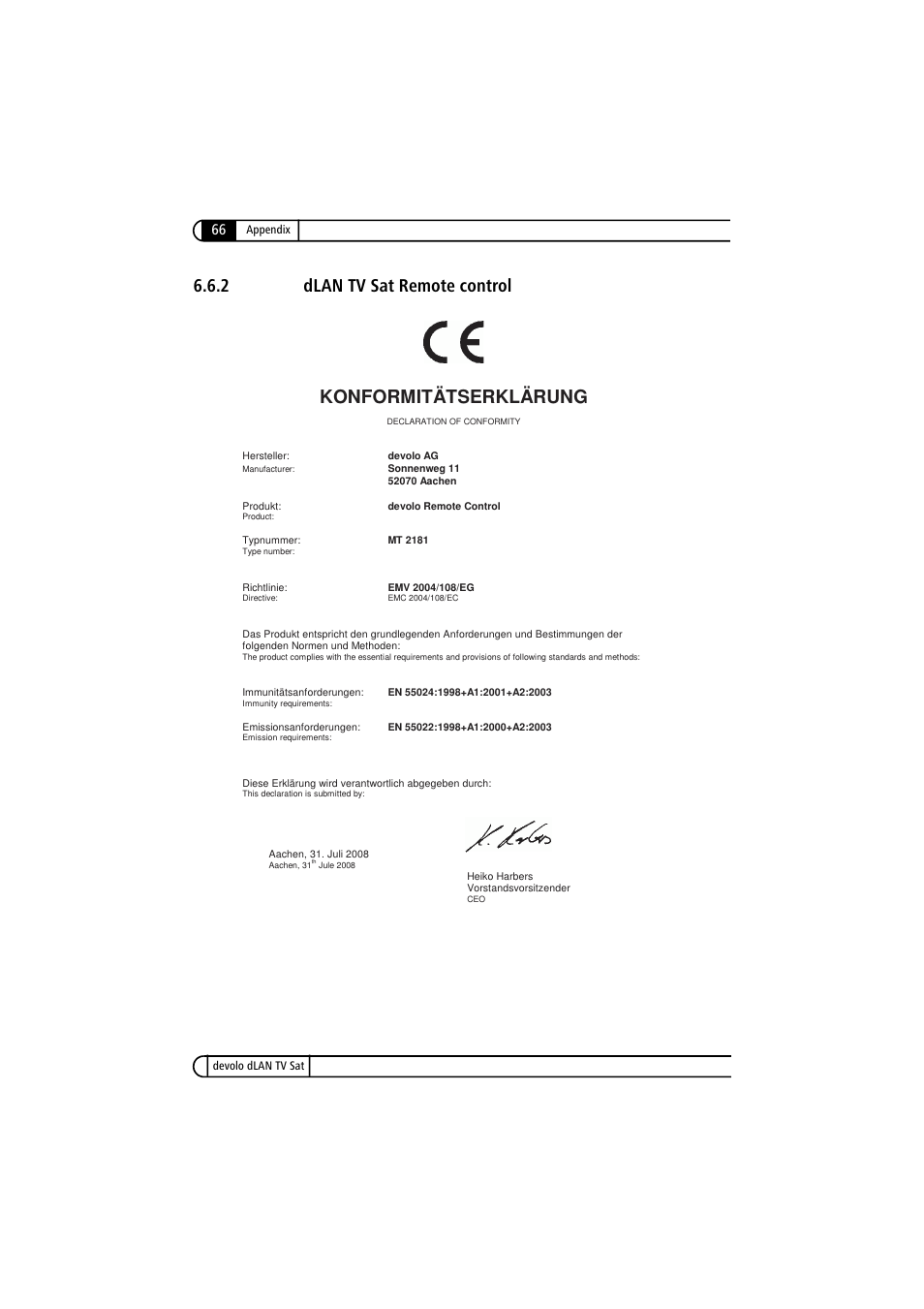 2 dlan tv sat remote control, Dlan tv sat remote control, 2 dlan tv sat remote control konformitätserklärung | Devolo dLAN TV Sat User Manual | Page 66 / 72