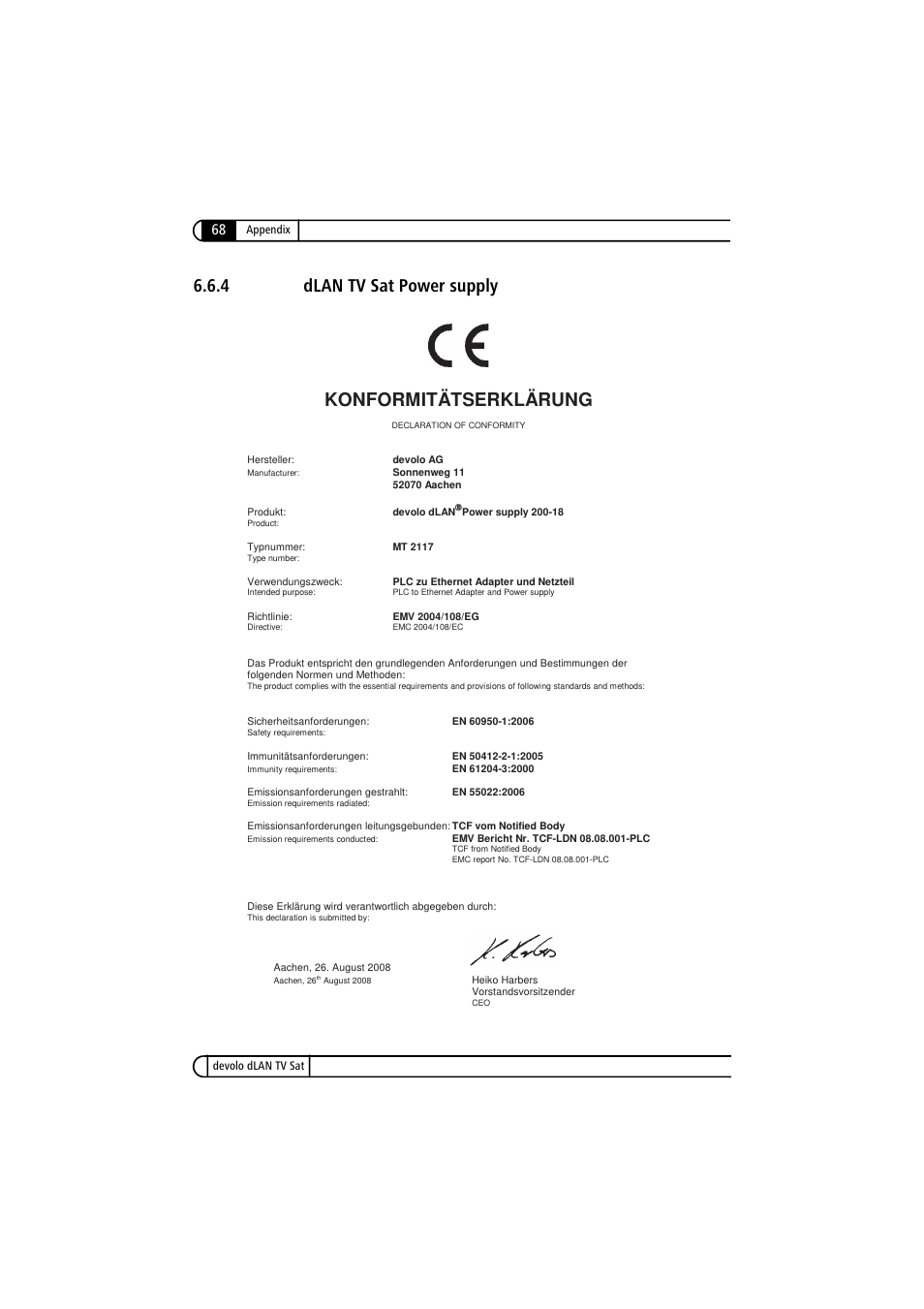 4 dlan tv sat power supply, Dlan tv sat power supply, 4 dlan tv sat power supply konformitätserklärung | Devolo dLAN TV Sat User Manual | Page 68 / 72