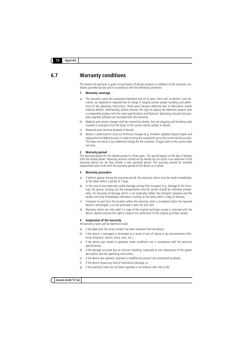 7 warranty conditions, Warranty conditions | Devolo dLAN TV Sat User Manual | Page 70 / 72