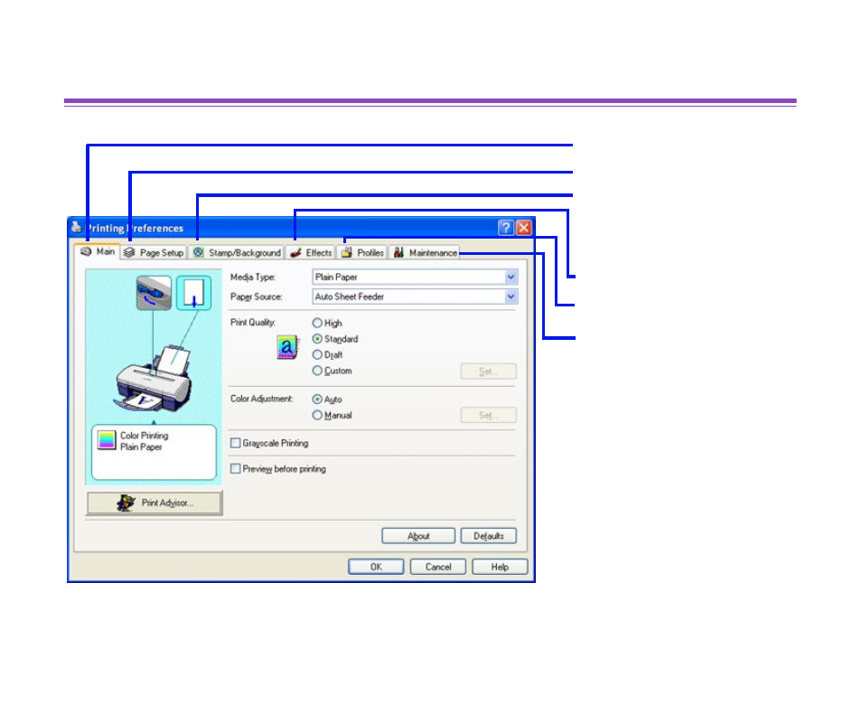 Printer properties dialog box description | Canon i 850 User Manual | Page 22 / 191