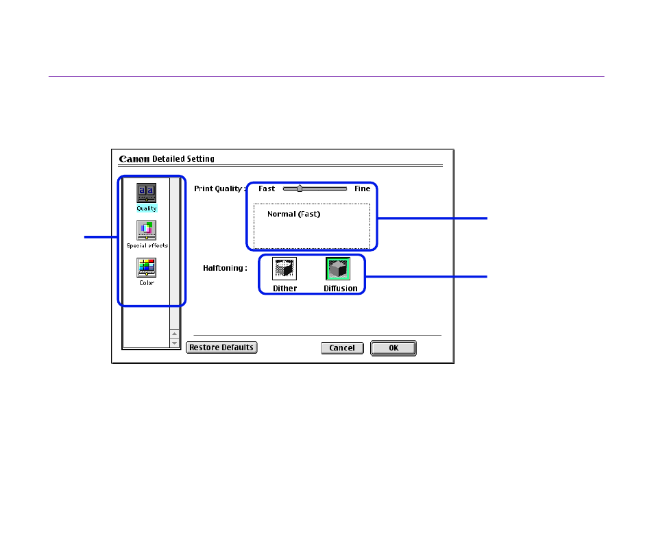 Detailed setting dialog box, Int quality and color settings in the, Detailed setting | Dialog box | Canon i 850 User Manual | Page 49 / 191