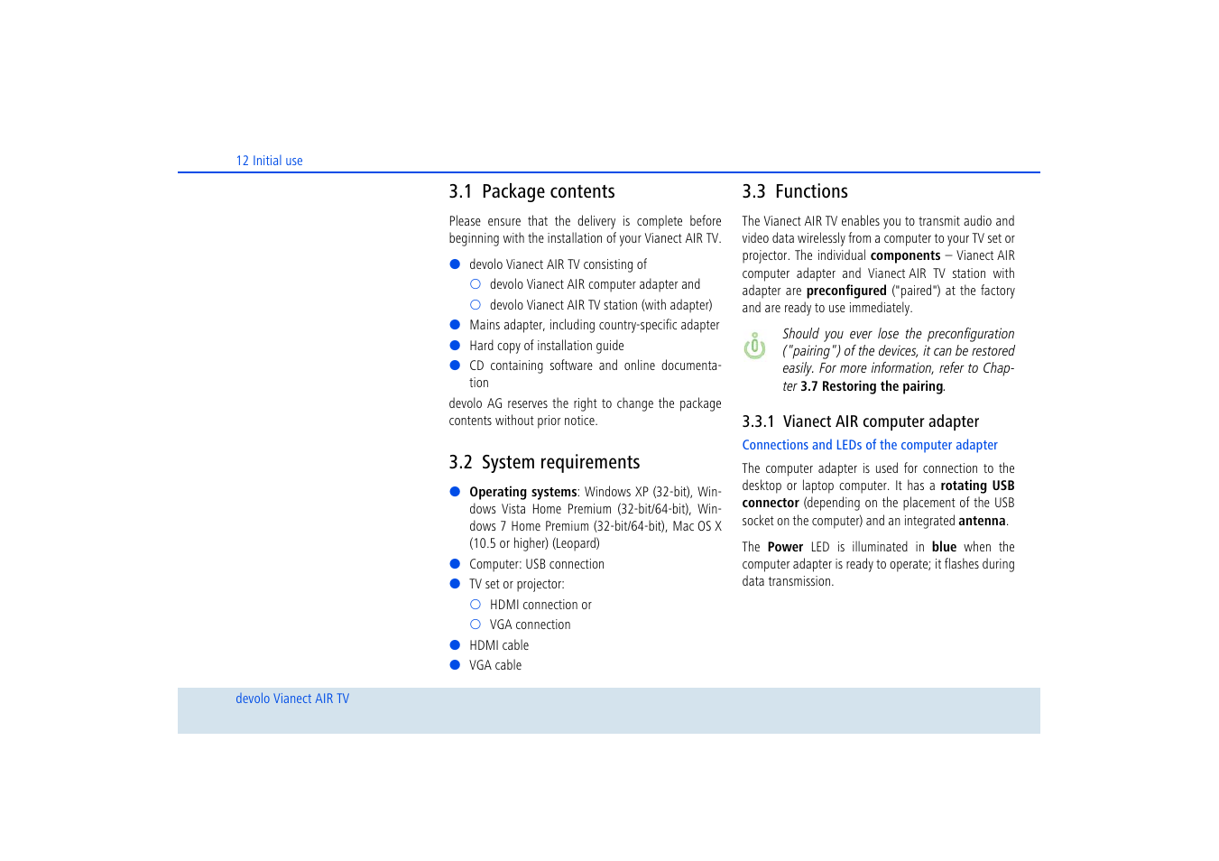 1 package contents, 2 system requirements, 3 functions | 1 vianect air computer adapter, Package contents, System requirements, Functions 3.3.1, Vianect air computer adapter | Devolo dLAN home Notebook to TV Set User Manual | Page 13 / 39